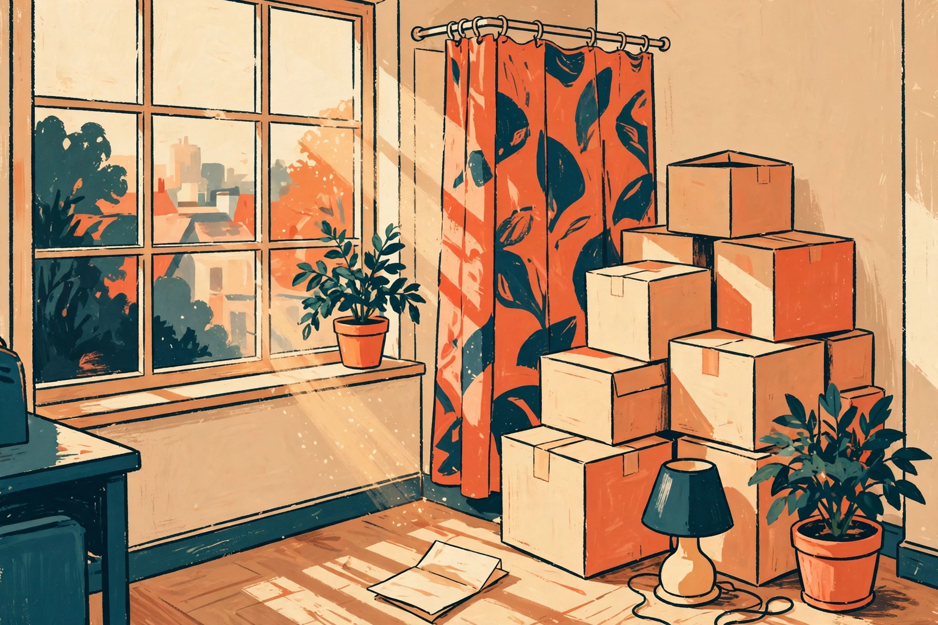 Illustration of a first apartment with stacked moving boxes, a lamp and plants by a window