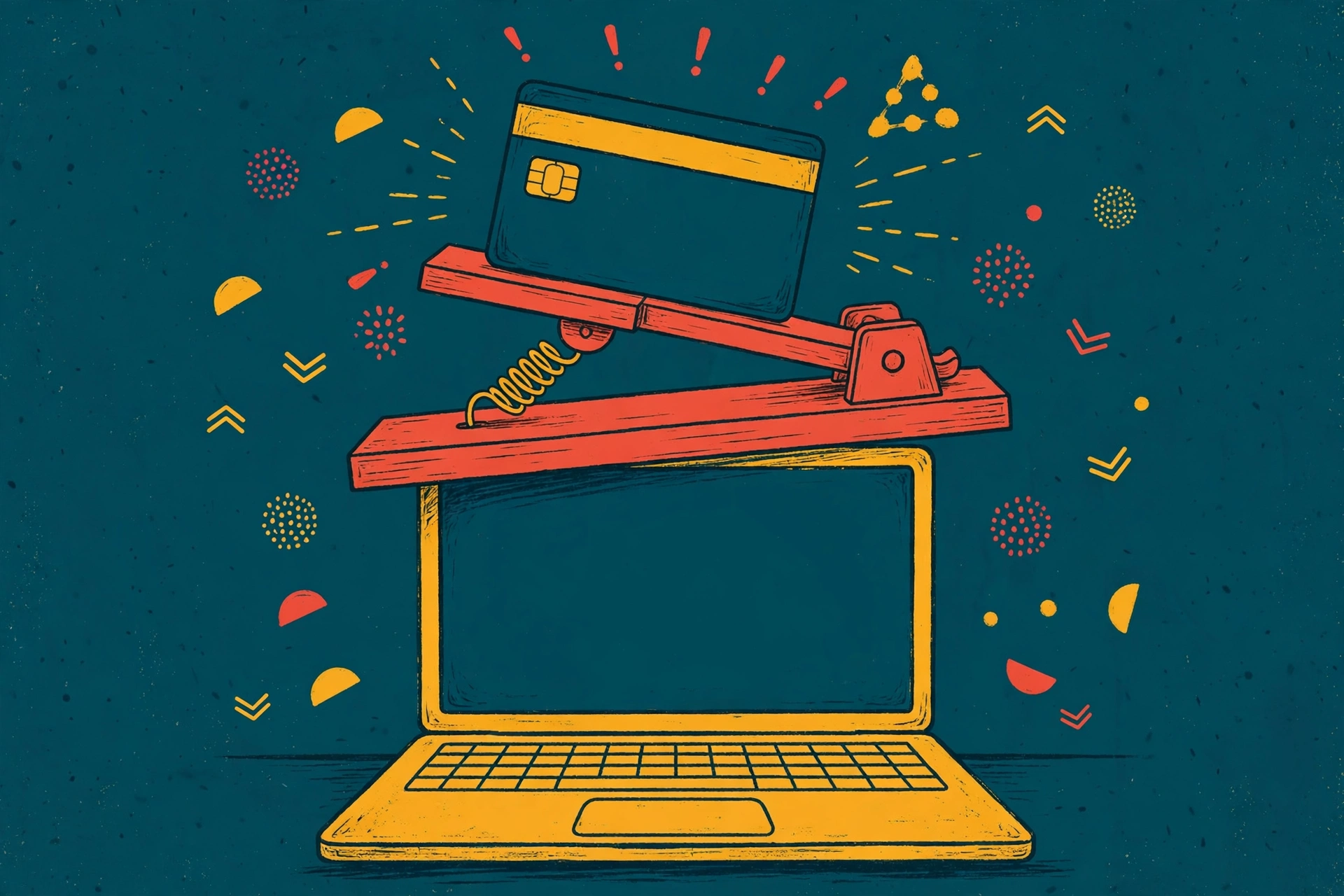 Illustration of a credit card set like a trap above a laptop