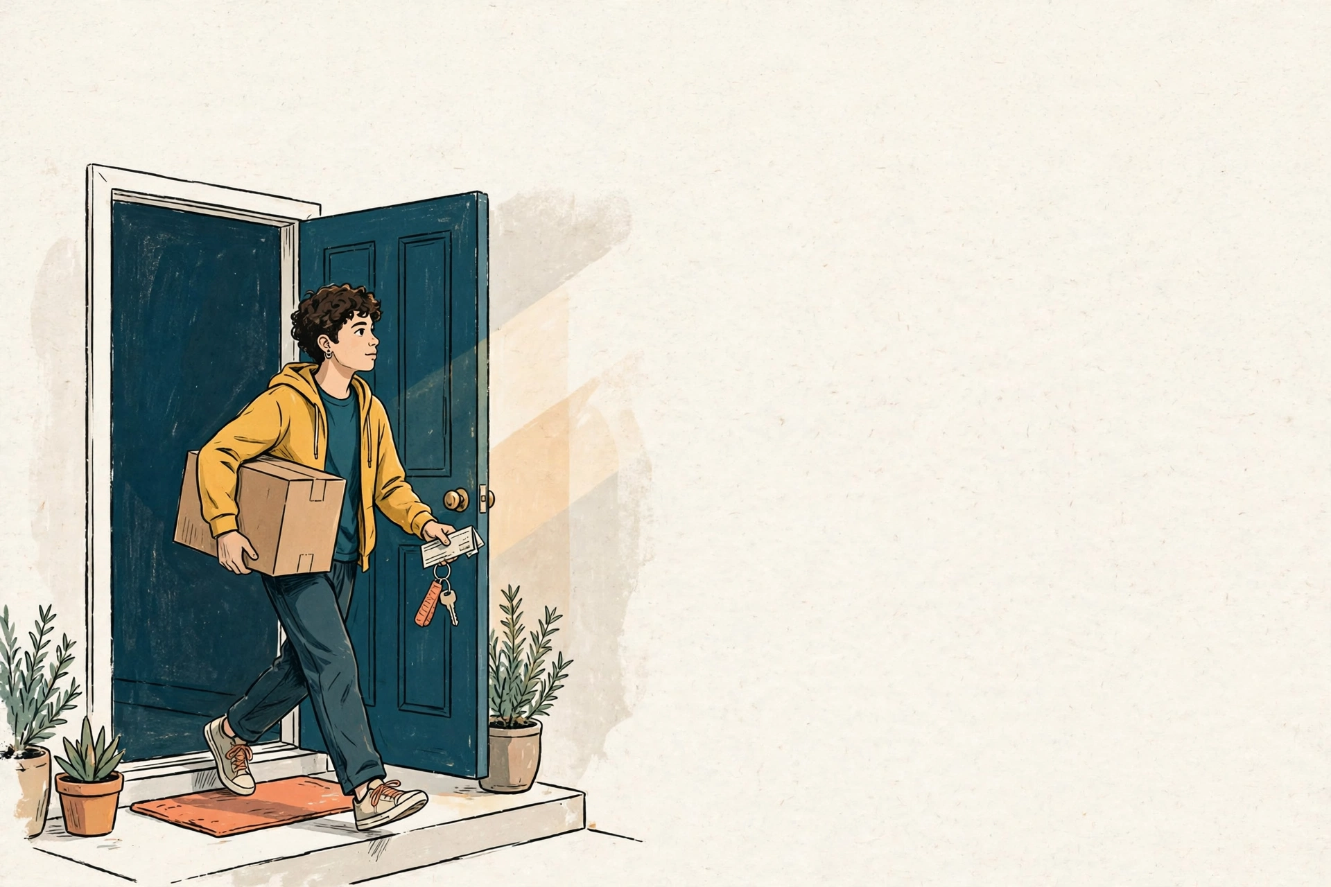 Illustration of a teenager carrying a moving box out of a front door, holding keys and a paycheck