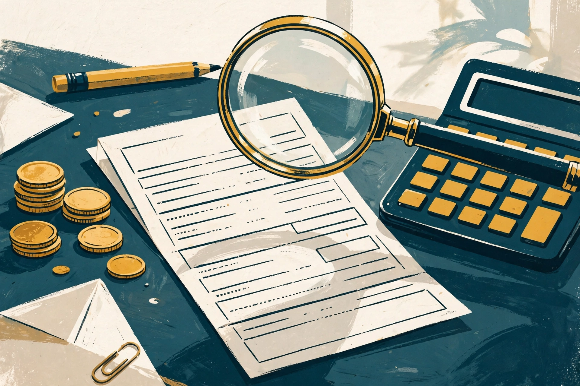 Illustration of a pay stub under a magnifying glass, with coins and a calculator